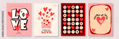 Love background set vector illustration. Happy Valentines Day cards with hearts, typography greeting text, romantic geometric retro pattern. Invitation abstract design in minimal art modern style