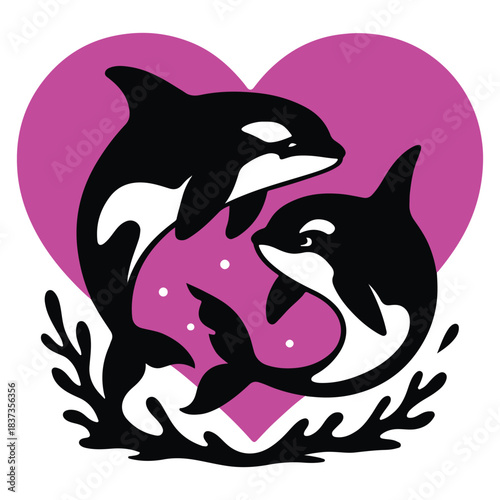 Two orcas swim together in love, surrounded by heart and sea.