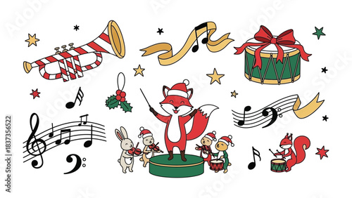 Christmas Musical Wonderland: A festive illustration of a musical ensemble composed of woodland creatures dressed in winter attire, playing musical instruments. A whimsical Christmas-themed scene.
