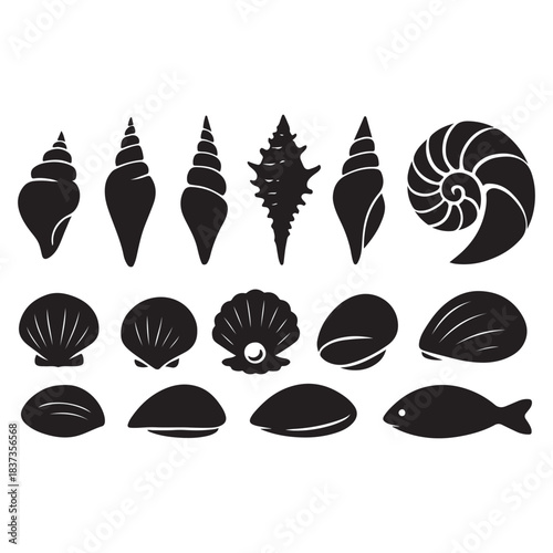 Various seashells and a fish in clean lines and shapes.