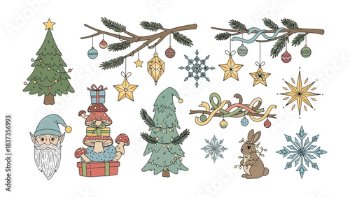Festive Collection of Christmas Embellishments:  A delightful array of holiday elements, from whimsical trees adorned with ornaments to playful snow flakes, creating a scene of holiday cheer.