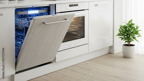 Home appliance dishwashing machine in kitchen interior, no people