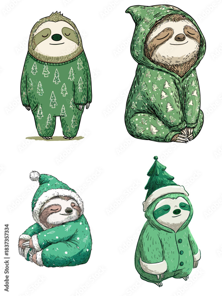 Fototapeta premium Charming sloth illustrations dressed in festive green outfits with cozy winter details. A cute character set ideal for holiday cards, children’s designs, and playful seasonal artwork.