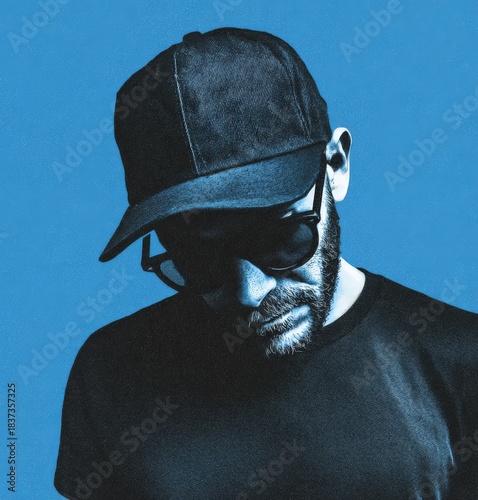 man with beard in black cap and sunglasses on blue background