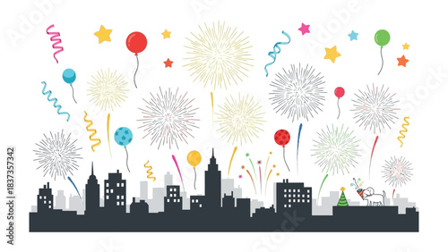 City Fireworks Extravaganza: A vibrant display of fireworks illuminates the city skyline, celebrating a momentous occasion with colorful explosions and joyful streamers.