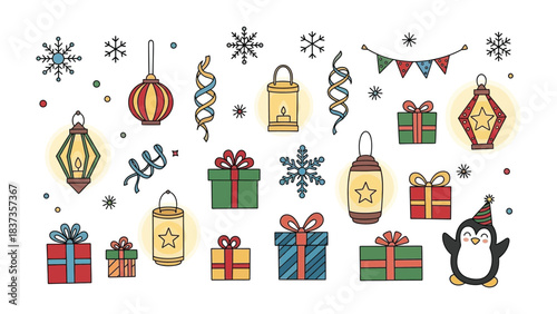 Holiday Cheer: A delightful array of festive elements, including charming gifts and cheerful penguins, are perfect for decorating and celebrating the holiday season.