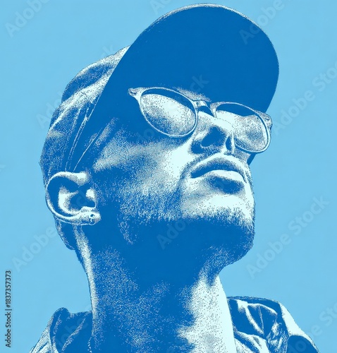 blue-themed portrait of a man in a hat and glasses, styled in monochromatic tones