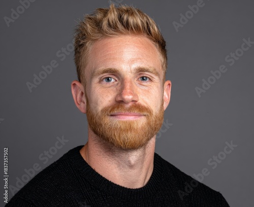 Man with beard, blue eyes, in black sweater against plain gray background