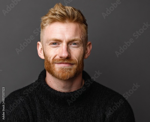 Close-up portrait of a bearded man with short blonde hair against a plain gray background
