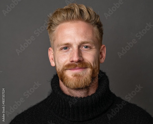 Man with beard in black turtleneck, gray background, professional clean aesthetic