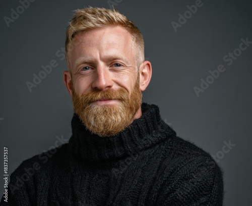 man with beard in black turtleneck isolated on gray background
