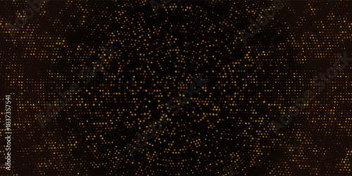 Halftone gold background. Glitter golden circle particles on dark wallpaper with elegant radial light effect. Luxury pattern or celebration backdrop. Wide circular confetti. Vector Illustration.