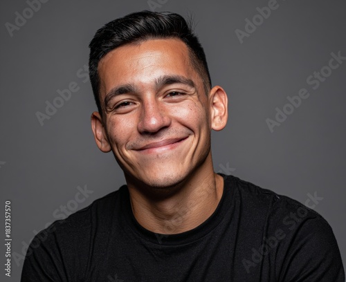 smiling man in black t-shirt with ample copy space on right for branding