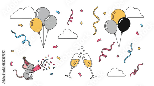 Celebration Elements: A collection of festive vector illustrations for parties, featuring balloons, confetti, streamers, champagne glasses and cute mouse. Designed to evoke feelings of happiness.