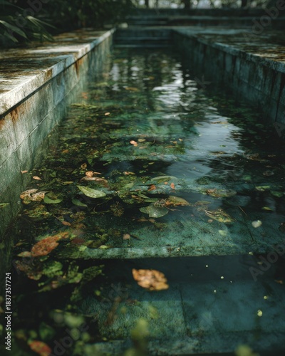 rusty concrete water channel with floating leaves