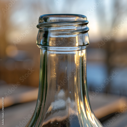 Close up of the top of a clear glass bottle with a textured rim