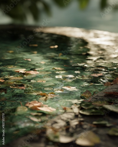 floating leaves in tranquil pond with no background