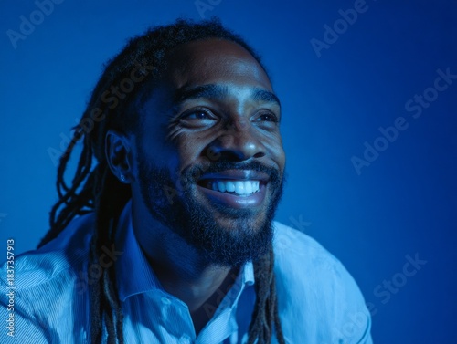 man with dreadlocks smiling against blue background