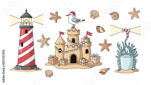 Coastal Christmas Collection: An charming illustration showcases a coastal Christmas scene featuring a lighthouse, sandcastle, and seasonal decorations, perfect for festive designs.
