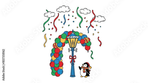 Festive Celebrations in Winter Wonderland: A charming scene unfolds with a lamp post adorned with vibrant balloons. A whimsical penguin stands at the foot of the lamp post.