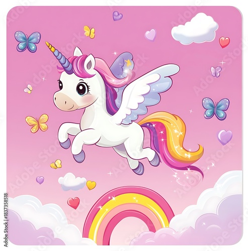 Cute Flying Unicorn with Rainbow Cartoon Illustration