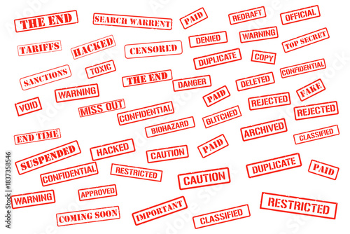 Collection of red rubber stamps with various words and phrases