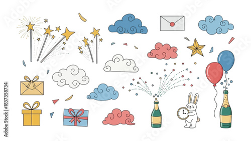 Celebration Elements: A delightful collection of festive elements, perfect for adding a touch of whimsy and joy to any celebration or design project. Featuring party essentials like balloons, gift.