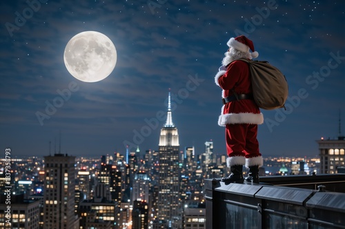Santa claus overlooking city rooftop at night with full moon and cityscape