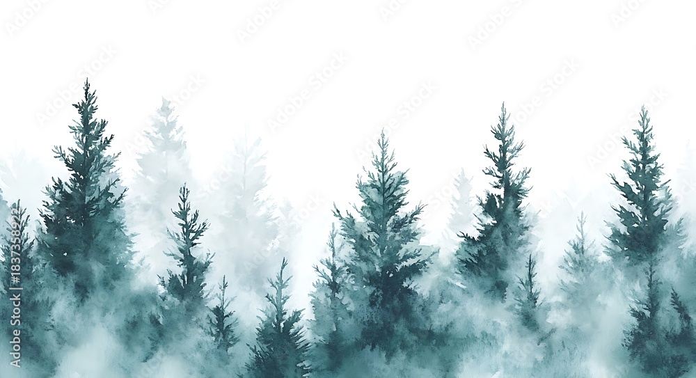 Fototapeta premium Misty Watercolor Pine Forest Landscape
