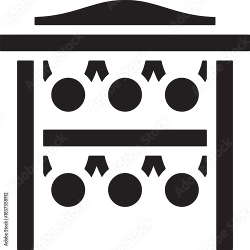 Black silhouette of a two tiered wine rack filled with round bottles isolated on transparent background