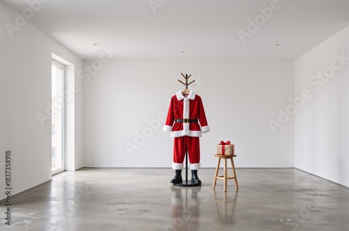 Minimalist christmas scene with santa suit on hanger and gift on stool in modern room