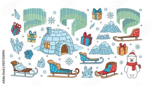 Arctic Winter Wonderland: A festive illustration showcasing the beauty of a winter wonderland. Featuring various winter elements such as igloo, gifts, and northern lights, snow, polar bear