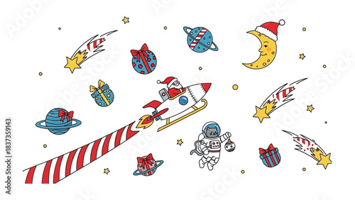 Santa's Galactic Journey: Santa Claus joyfully pilots a festive rocket ship through a whimsical cosmos adorned with shooting stars, gift, and a crescent moon.