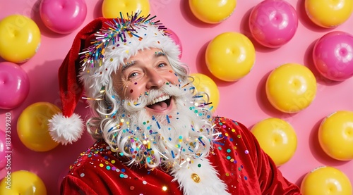 Joyful elderly caucasian santa with colorful sprinkles and donuts on pink background