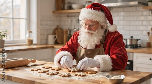 Elderly caucasian male in santa outfit baking christmas cookies in cozy kitchen