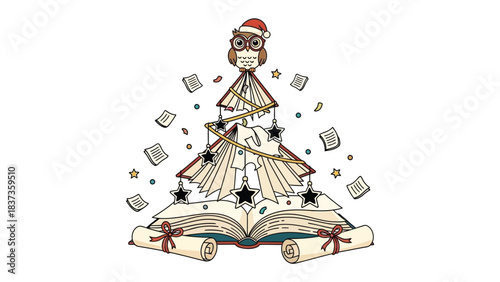 Christmas Storybook Tree: A whimsical Christmas tree is creatively constructed from open storybooks, adorned with a festive owl, and shimmering embellishments.