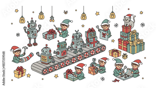Holiday Assemblage: a playful depiction of festive elves and charming robots collaborating to prepare for Christmas. A whimsical scene to celebrate festive season.