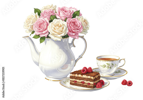 Watercolor still life: gold-trimmed teapot vase with pink and white roses, chocolate cream cake slice, and china teacup on blue textile against white. Concept of refined tea service elegance