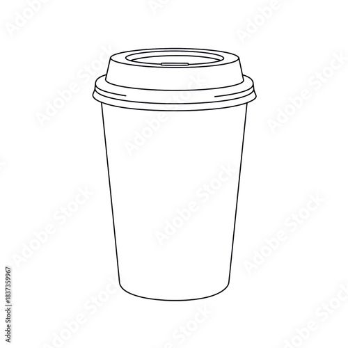 high-contrast black and white vector outline of a tapered ceramic travel tumbler with a leak-proof lid, isolated on transparent, conveying modern industrial design efficiency