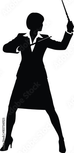 Silhouette of woman in skirt suit holding baton, leadership pose, formal attire, commanding stance, black outline, isolated figure, conductor, authority, elegance, power