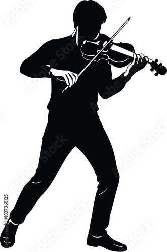 Silhouette of violinist playing music, dynamic pose, black outline, classical performance, artistic stance, expressive motion, concert vibe, isolated figure, musical icon, elegance