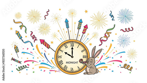 New Year's Eve Countdown: A festive illustration shows the clock striking midnight, fireworks exploding in a colorful display, and celebratory elements like confetti and a joyful rabbit. 