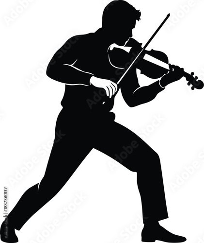 Silhouette of violinist in expressive pose, playing violin, black outline, classical music, dynamic performance, artistic motion, concert vibe, isolated figure, cultural icon