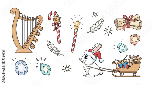 Whimsical Festive Christmas Elements: A collection of charming festive elements. Including a harp adorned with bells, a candy cane reindeer, a star wand, feathers, a scroll, sparkling gems.