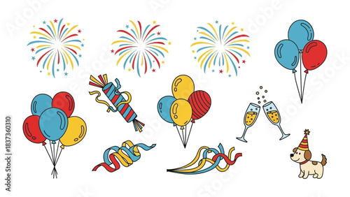 Celebratory Cheer: A cheerful collection of vibrant elements including bursting fireworks, buoyant balloons, shimmering streamers and champagne glasses, the scene is a festive mood.