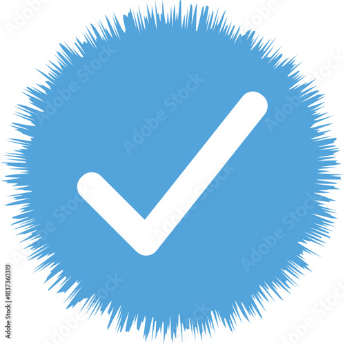 blue verified checkmark badge with starburst spiky edges and white tick symbol for approval isolated on white background.