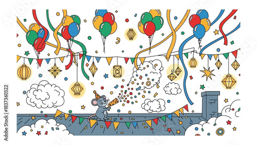 Celebratory Rooftop Revelry: A charming illustration captures the festive spirit with balloons, streamers, and a cheerful mouse setting off confetti, celebrating a joyous occasion.