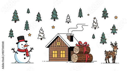 Winter Scene with Log Cabin and Snowman: The scene depicts a cozy cabin nestled amidst a snowy landscape, a cheerful snowman stands, creating a festive atmosphere.
