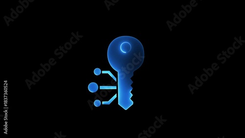 Glowing neon line Cryptocurrency key icon animation with a black background.