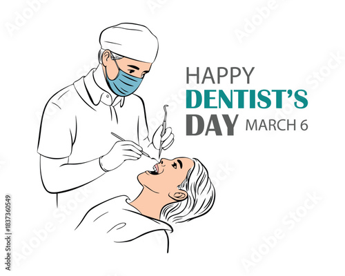 Dentists day simple vector illustration with doctor and patient. One continuous line art drawing background, banner, poster for dentists day celebration.